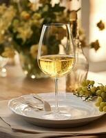 Photo of some White Wine drink elegantly plated on a table. Generative AI