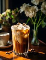 Photo of some Vietnamese Iced Coffee drink elegantly plated on a table. Generative AI