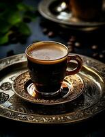 Photo of some Turkish Coffee drink elegantly plated on a table. Generative AI