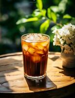 Photo of some Vietnamese Iced Coffee drink elegantly plated on a table. Generative AI