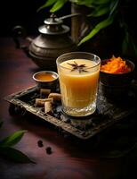 Photo of some Tibetan Butter Tea drink elegantly plated on a table. Generative AI