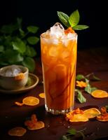 Photo of some Thai Iced Tea drink elegantly plated on a table. Generative AI