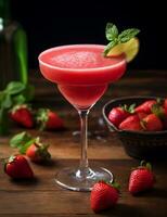 Photo of some Strawberry Daiquiri drink elegantly plated on a table. Generative AI