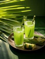 Photo of some Sugarcane Juice drink elegantly plated on a table. Generative AI