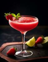 Photo of some Strawberry Daiquiri drink elegantly plated on a table. Generative AI