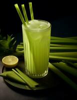 Photo of some Sugarcane Juice drink elegantly plated on a table. Generative AI