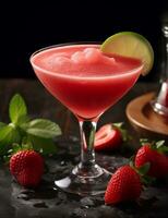 Photo of some Strawberry Daiquiri drink elegantly plated on a table. Generative AI