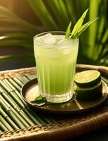 Photo of some Sugarcane Juice drink elegantly plated on a table. Generative AI