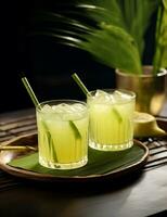 Photo of some Sugarcane Juice drink elegantly plated on a table. Generative AI
