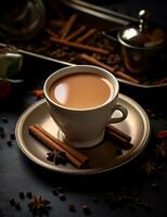 Photo of some Spiced Chai Tea drink elegantly plated on a table. Generative AI