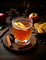 Photo of some Spiced Apple Cider drink elegantly plated on a table. Generative AI