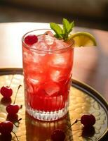 Photo of some Shirley Temple drink elegantly plated on a table. Generative AI