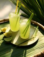 Photo of some Sugarcane Juice drink elegantly plated on a table. Generative AI