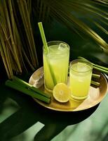 Photo of some Sugarcane Juice drink elegantly plated on a table. Generative AI