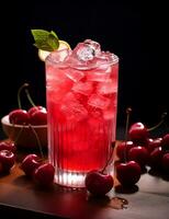 Photo of some Shirley Temple drink elegantly plated on a table. Generative AI