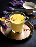 Photo of some Saffron Milk drink elegantly plated on a table. Generative AI