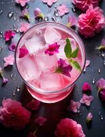 Photo of some Rose Water Lemonade drink elegantly plated on a table. Generative AI