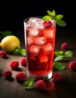 Photo of some Raspberry Iced Tea drink elegantly plated on a table. Generative AI