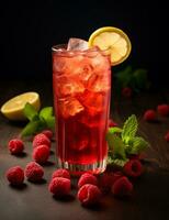 Photo of some Raspberry Iced Tea drink elegantly plated on a table. Generative AI