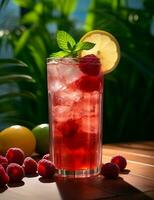 Photo of some Raspberry Iced Tea drink elegantly plated on a table. Generative AI