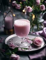 Photo of some Rose Milk drink elegantly plated on a table. Generative AI