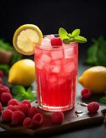 Photo of some Raspberry Lemonade drink elegantly plated on a table. Generative AI