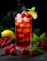 Photo of some Raspberry Iced Tea drink elegantly plated on a table. Generative AI