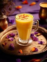 Photo of some Saffron Milk drink elegantly plated on a table. Generative AI