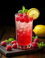 Photo of some Raspberry Lemonade drink elegantly plated on a table. Generative AI