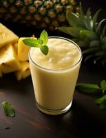 Photo of some Pineapple Gingerale Smoothie drink elegantly plated on a table. Generative AI