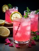 Photo of some Rose Water Lemonade drink elegantly plated on a table. Generative AI