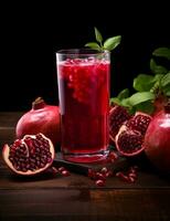 Photo of some Pomegranate Juice drink elegantly plated on a table. Generative AI