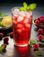 Photo of some Raspberry Iced Tea drink elegantly plated on a table. Generative AI