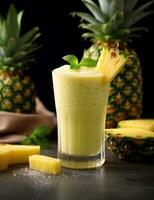 Photo of some Pineapple Gingerale Smoothie drink elegantly plated on a table. Generative AI