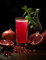 Photo of some Pomegranate Juice drink elegantly plated on a table. Generative AI