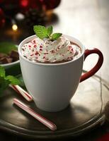 Photo of some Peppermint Hot Chocolate drink elegantly plated on a table. Generative AI