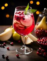 Photo of some Pear and Cranberry Sangria drink elegantly plated on a table. Generative AI