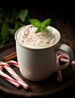 Photo of some Peppermint White Hot Chocolate drink elegantly plated on a table. Generative AI
