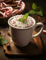 Photo of some Peppermint Hot Chocolate drink elegantly plated on a table. Generative AI