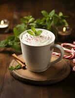 Photo of some Peppermint White Hot Chocolate drink elegantly plated on a table. Generative AI