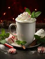 Photo of some Peppermint White Hot Chocolate drink elegantly plated on a table. Generative AI