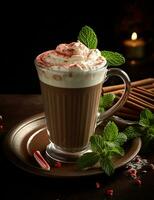 Photo of some Peppermint Mocha drink elegantly plated on a table. Generative AI