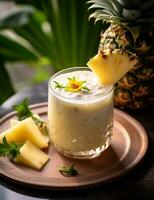 Photo of some Pineapple Coconut Smoothie drink elegantly plated on a table. Generative AI