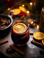 Photo of some Mulled Wine drink elegantly plated on a table. Generative AI
