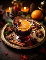 Photo of some Mulled Wine drink elegantly plated on a table. Generative AI