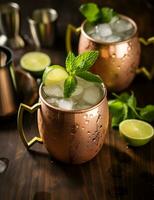 Photo of some Moscow Mule drink elegantly plated on a table. Generative AI