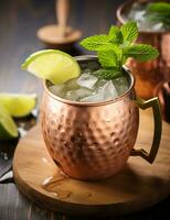 Photo of some Moscow Mule drink elegantly plated on a table. Generative AI