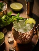 Photo of some Moscow Mule drink elegantly plated on a table. Generative AI