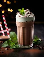 Photo of some Mocha Peppermint Shake drink elegantly plated on a table. Generative AI