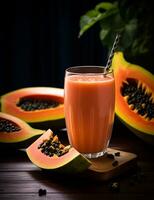 Photo of some Papaya Smoothie drink elegantly plated on a table. Generative AI